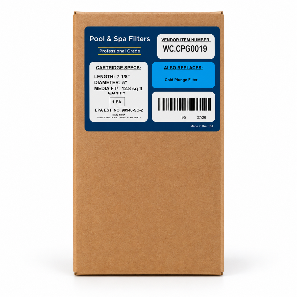 Viking spa filter WC.CPG0019 box showing dimensions and filter media specifications